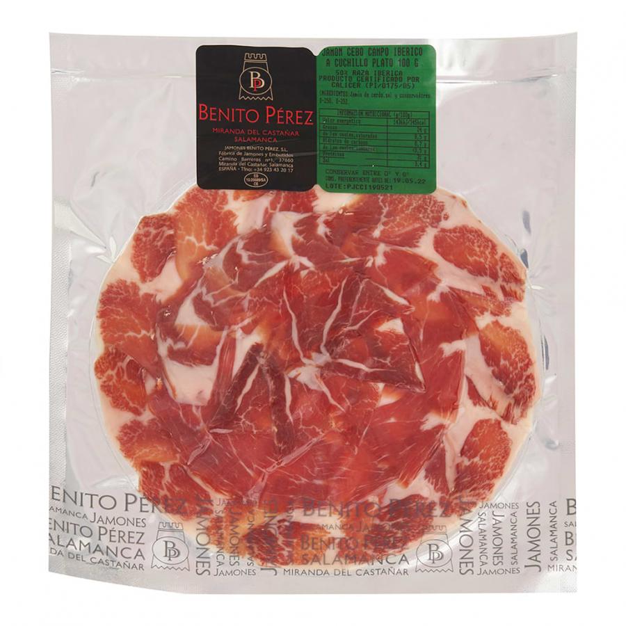Plates of Cebo de Campo 50% Iberian Ham Knife Cut